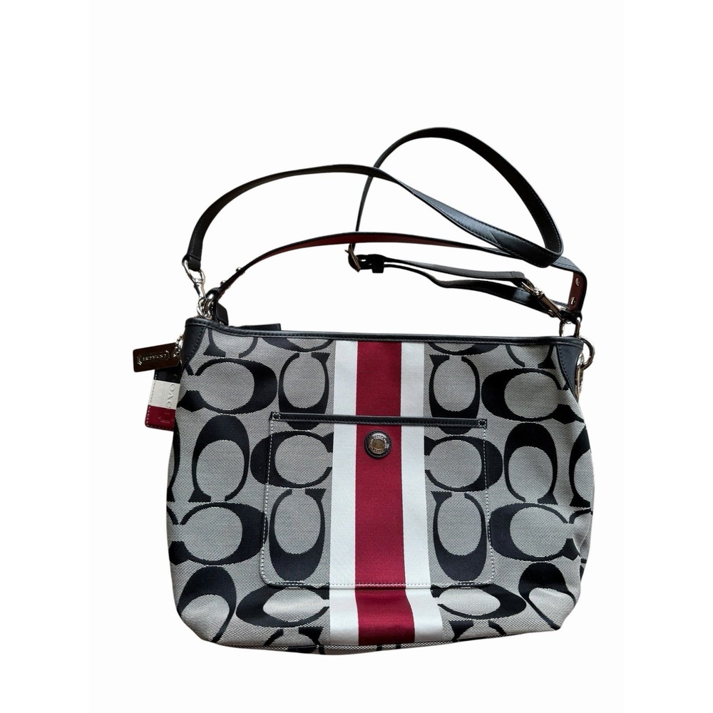 COACH Signature Hampton Stripe Purse Classic Logo Shoulder Crossbody Black Red
